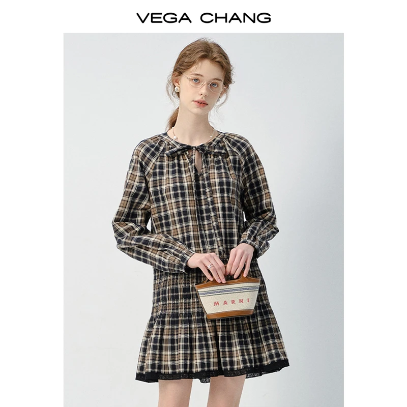 VEGA CHANG连衣裙女2025年秋季新款法式蓝棕格纹提花高级A字裙