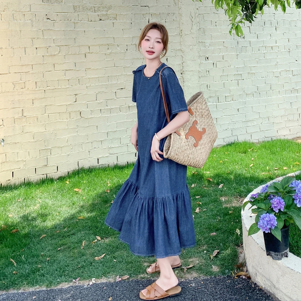 复古牛仔短袖连衣裙女2025夏季新款爆款超好看荷叶边洋气A字长裙