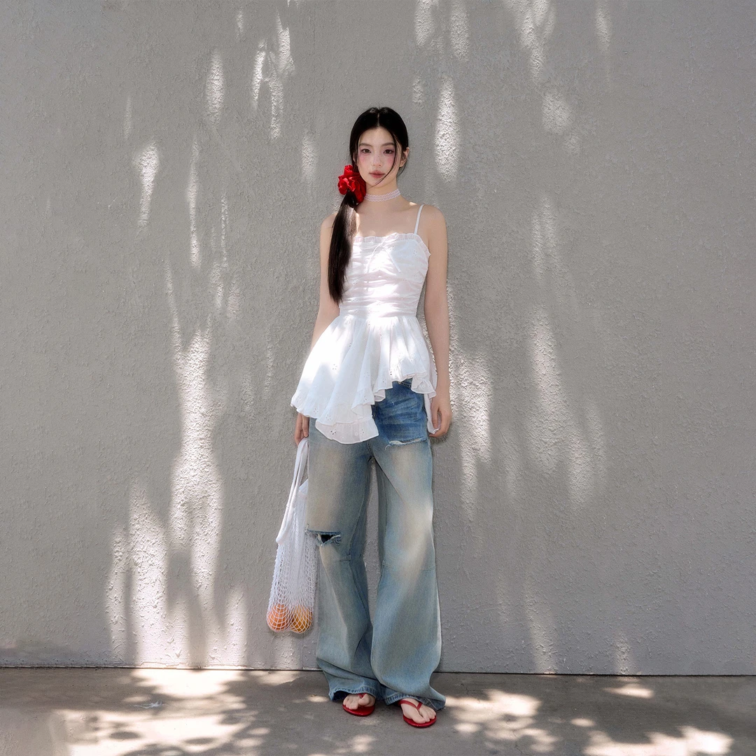 FPMZ复古水洗刀割破洞牛仔裤做旧韩系猫须直筒宽松显瘦阔腿裤长裤