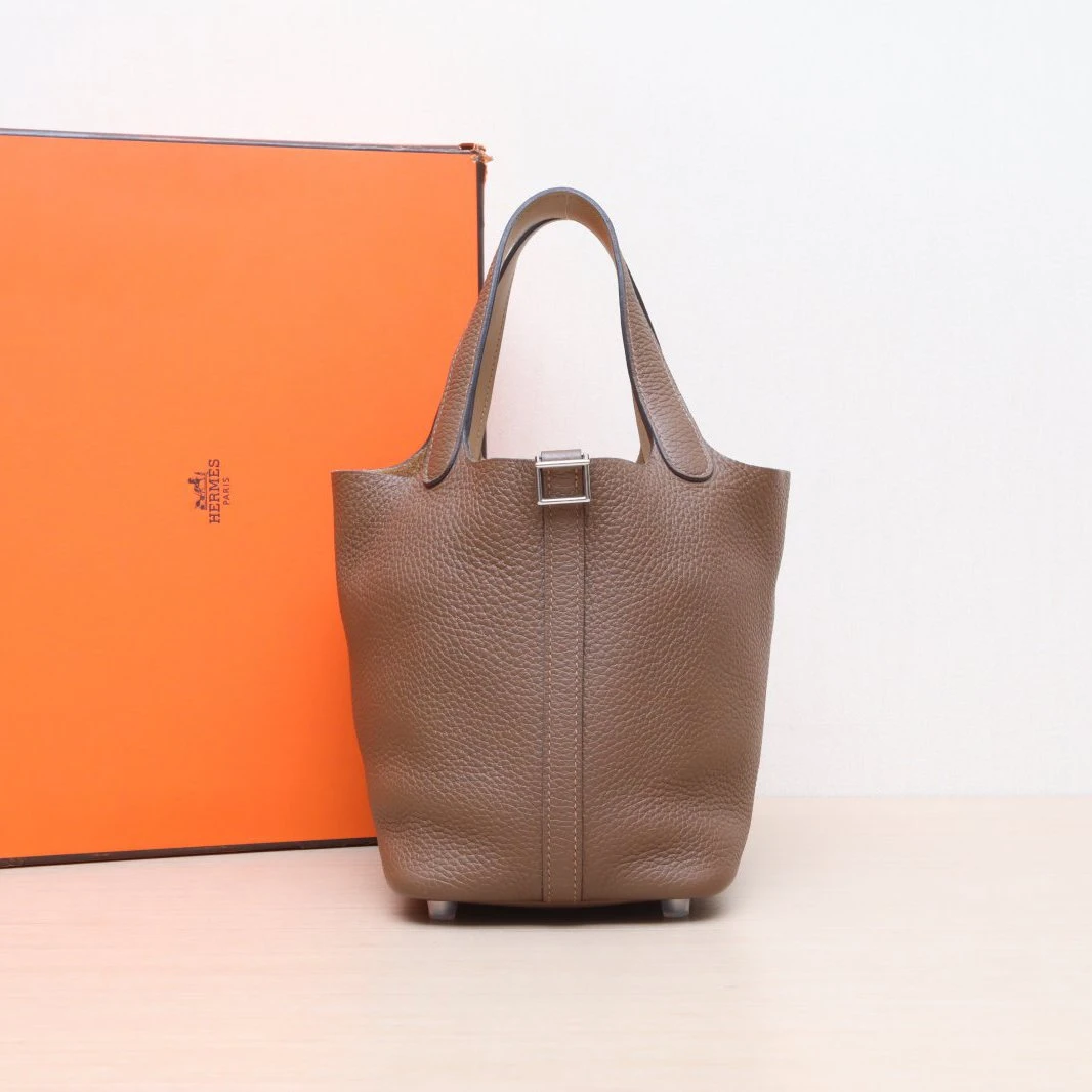 99新 Hermes/爱马仕 小花双双 菜篮子 18 栗子色 拼皮手柄 Z刻