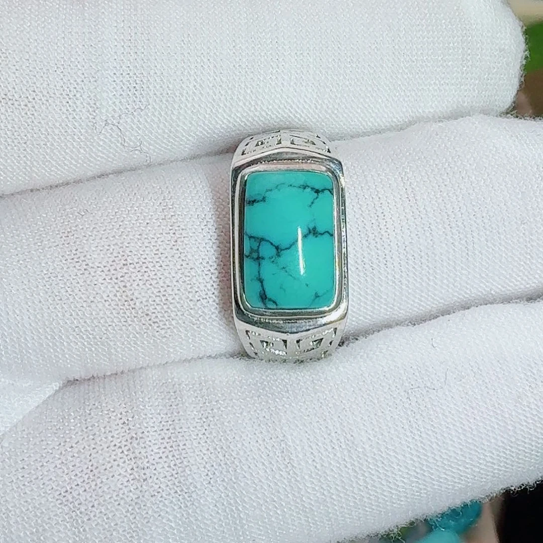 绿松石银S925镶嵌珠宝奇石天然水草纹马鞍戒