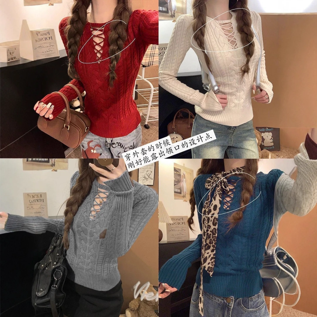 白色软糯麻花辣妹长袖打底毛衣针织衫女秋冬季镂空纯欲修身上衣黑