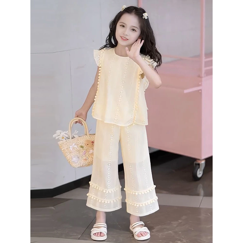 女童夏季套装2025新款洋气小女孩时髦花边镂空衬衫直筒裤两件套潮