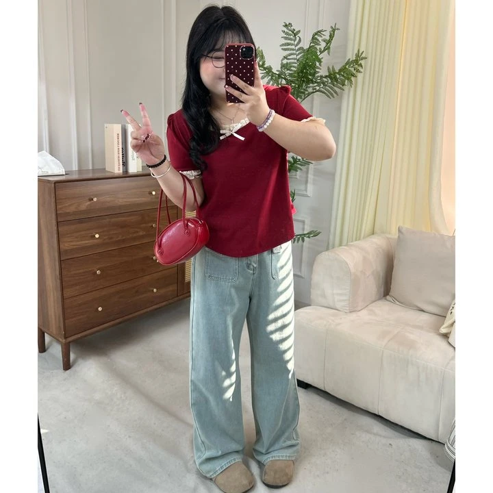 QINGYUS-花边拼接蝴蝶结T恤微胖显瘦正肩减龄小众上衣大码女装春