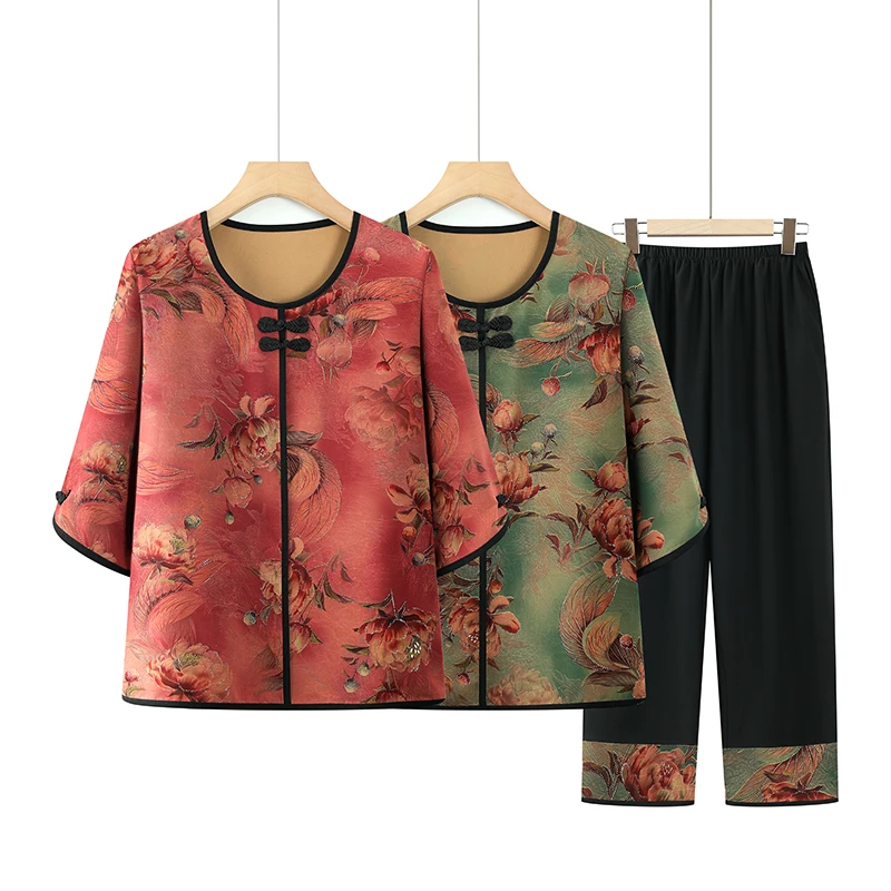 时尚中老年妈妈装夏季新款女装新中式国风盘扣衬衫复古中袖