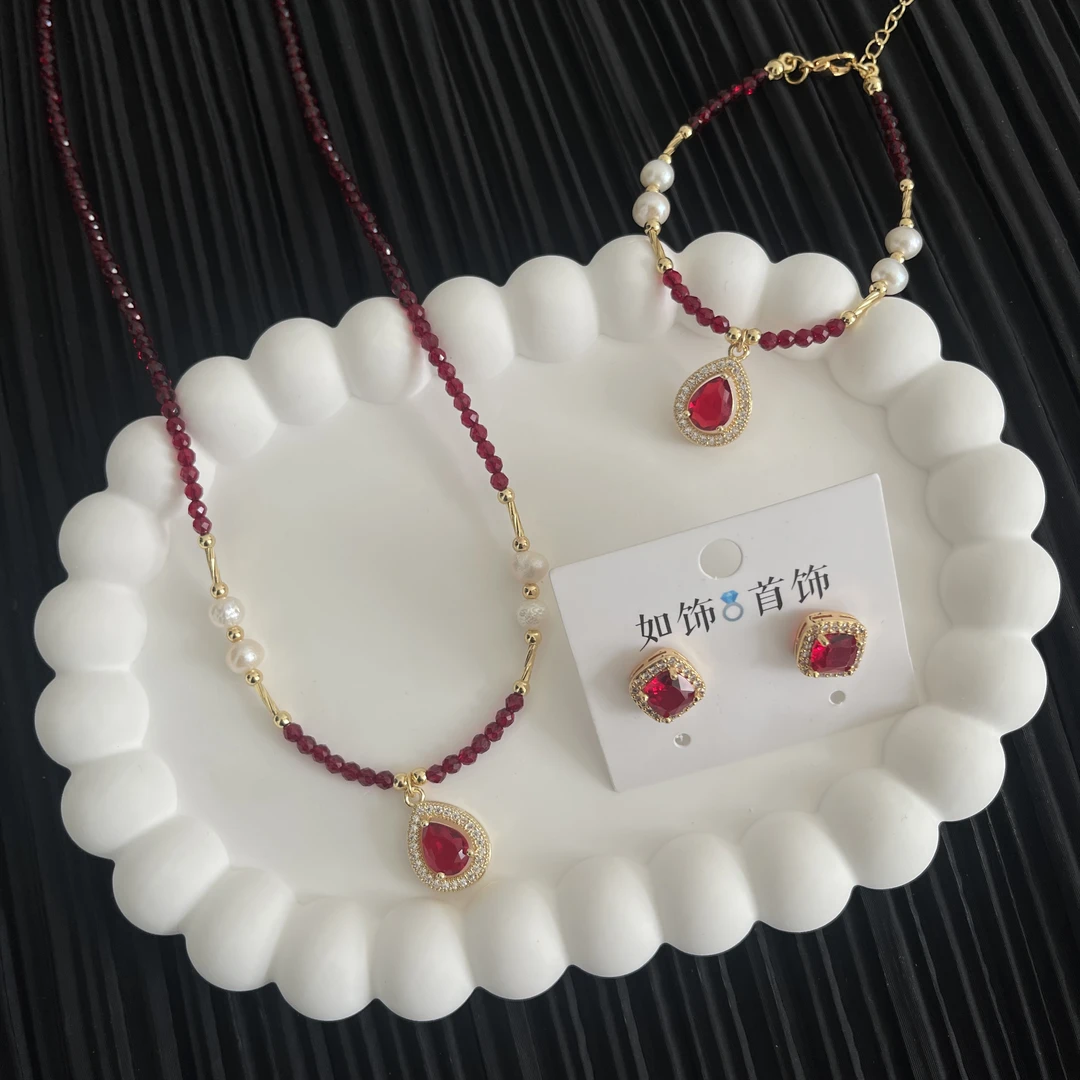 钛钢仿水晶项链 如饰 红色水滴手工三件套套装时尚百搭轻奢气质
