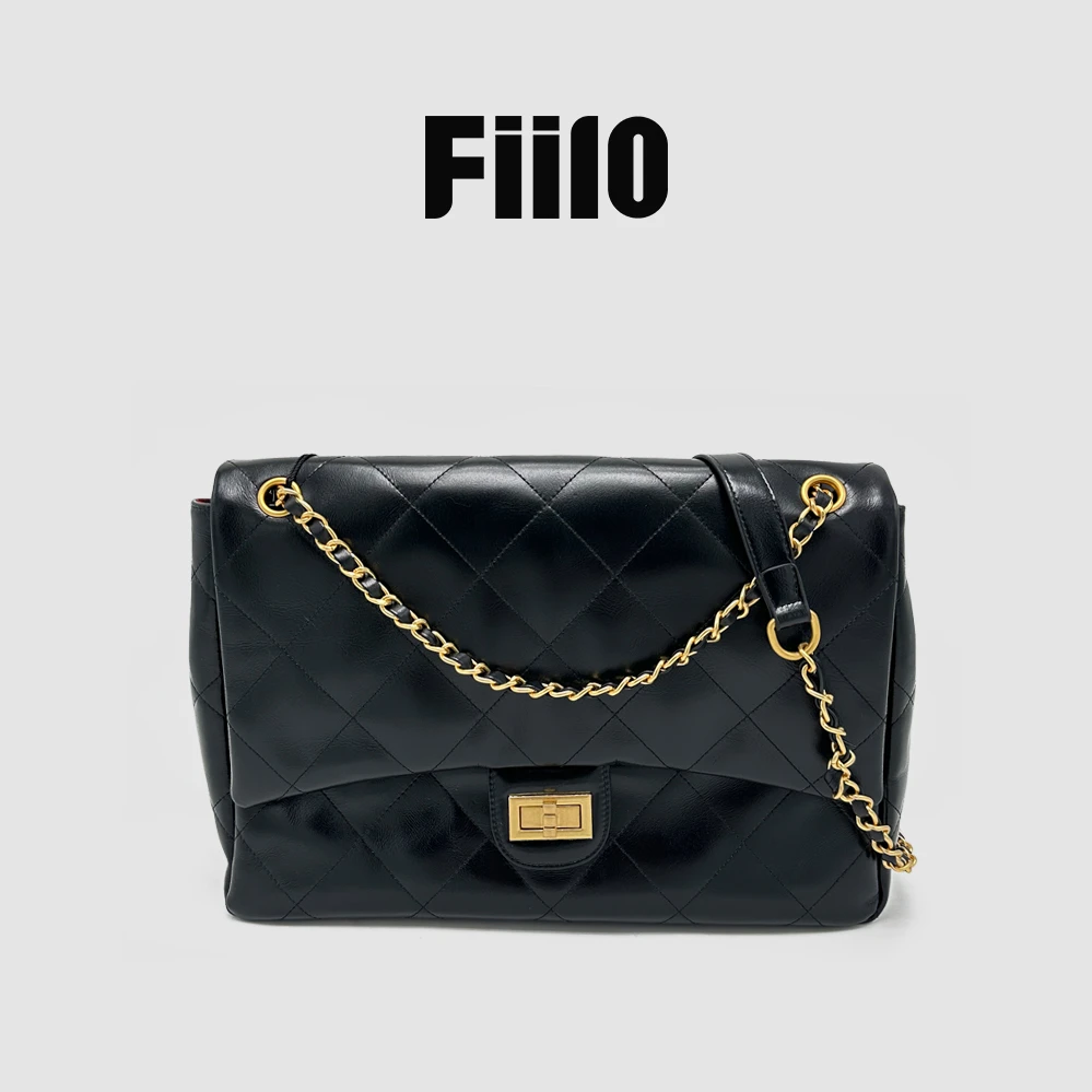 【Fiilo菲洛】J64黑色小香风机场包真皮牛皮链条斜挎包女士菱格包