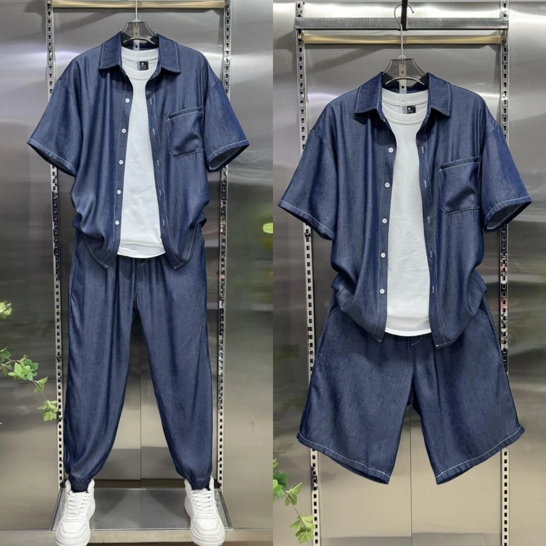 夏季冰丝牛仔休闲两件套男宽松衬衫半袖裤子套装轻薄透气品质整套
