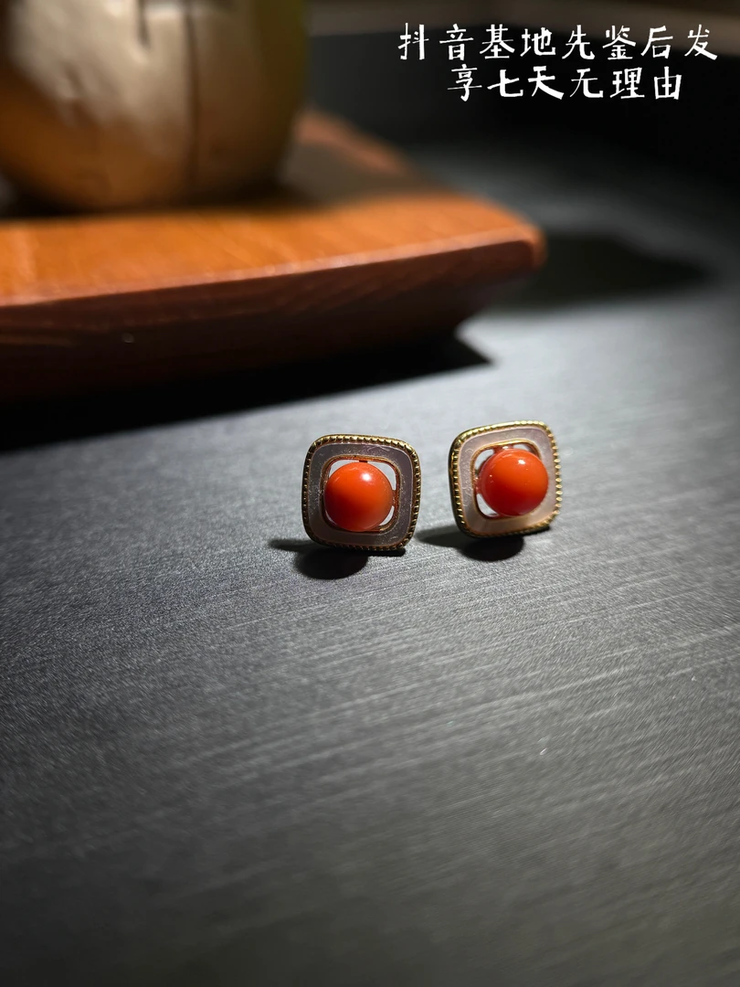 【J1105】和田玉南红圆耳钉-1  多样性发其一