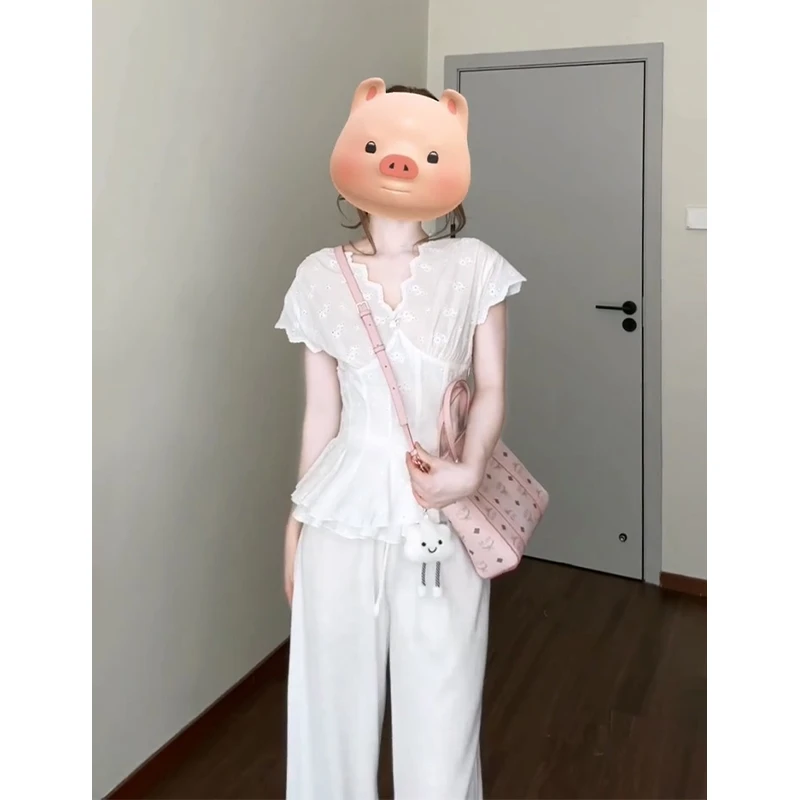 2025夏季新款法式气质收腰花边V领短袖上衣百搭高腰显瘦阔腿长裤