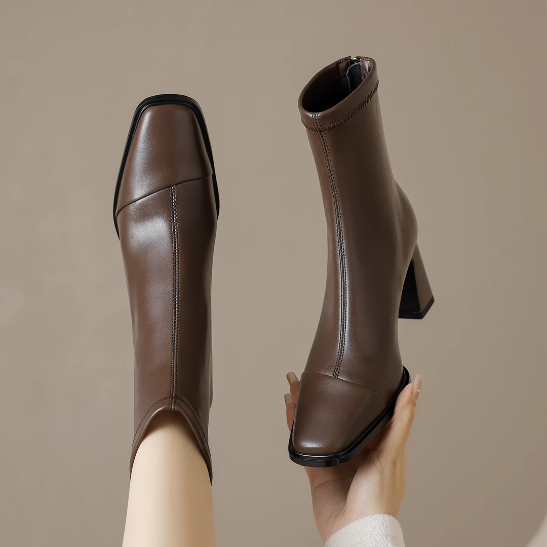 【跟高6cm】秋冬新款真皮百搭方头高跟短靴弹力靴女粗跟瘦瘦靴显瘦