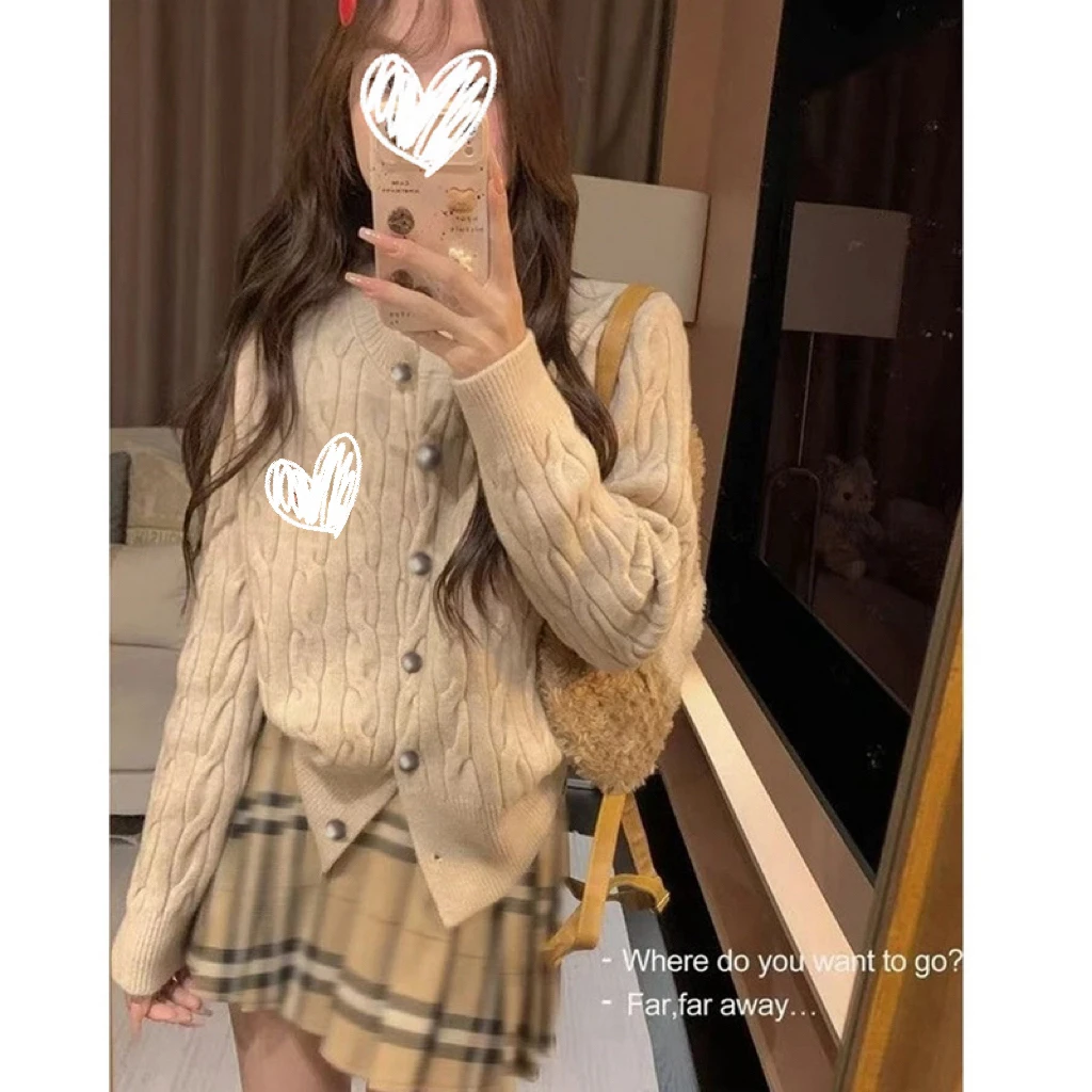 美式复古系粗麻花刺绣长袖针织开衫秋冬学院风毛衣格纹半裙套装