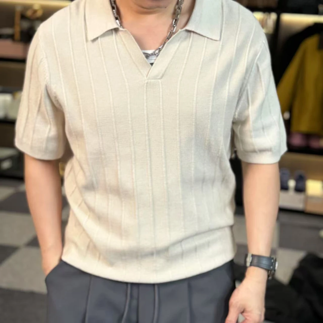30357-复古条纹V领翻领短袖针织polo衫男士夏季休闲百搭上衣