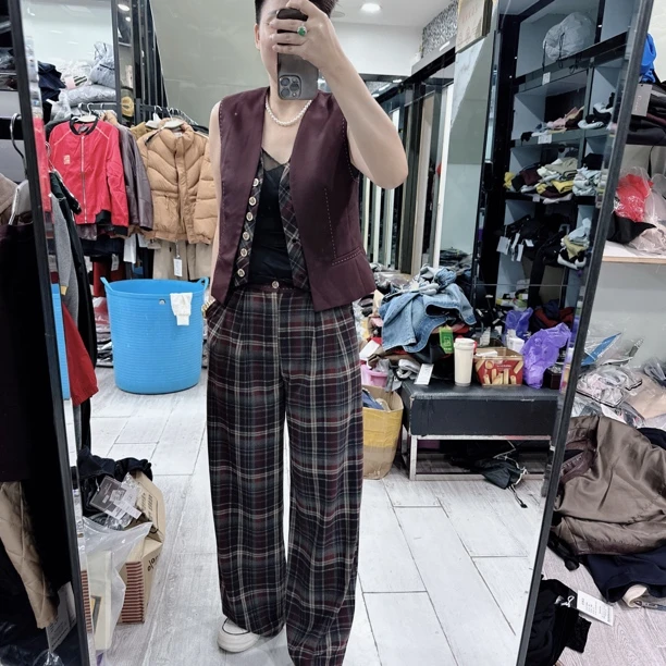 韩版时尚2件套马甲格子直筒裤套装8519美丽