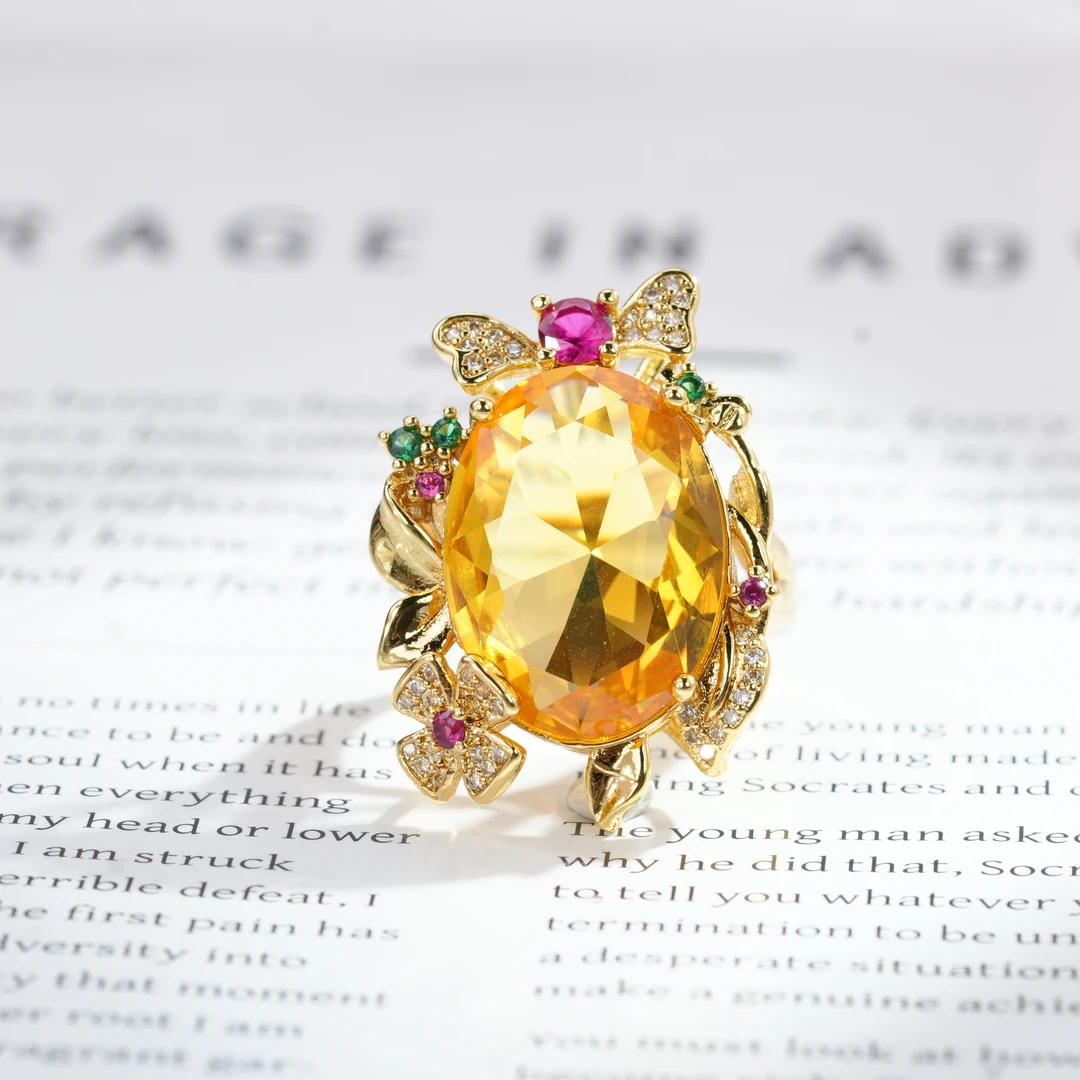 铜合金合成锆石戒指 铜合金 合成立方氧化锆 黄色戒指7134