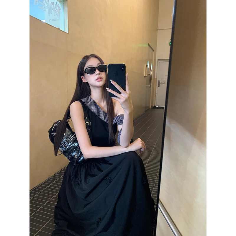 【休斯顿】夏季气质甜酷大姐姐感斜肩大摆连衣裙252H1793#