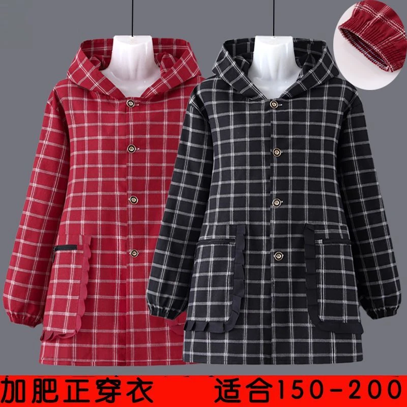 新款短款加肥带帽正穿衣记扣罩衣秋冬加肥舒适家用做饭长袖围裙