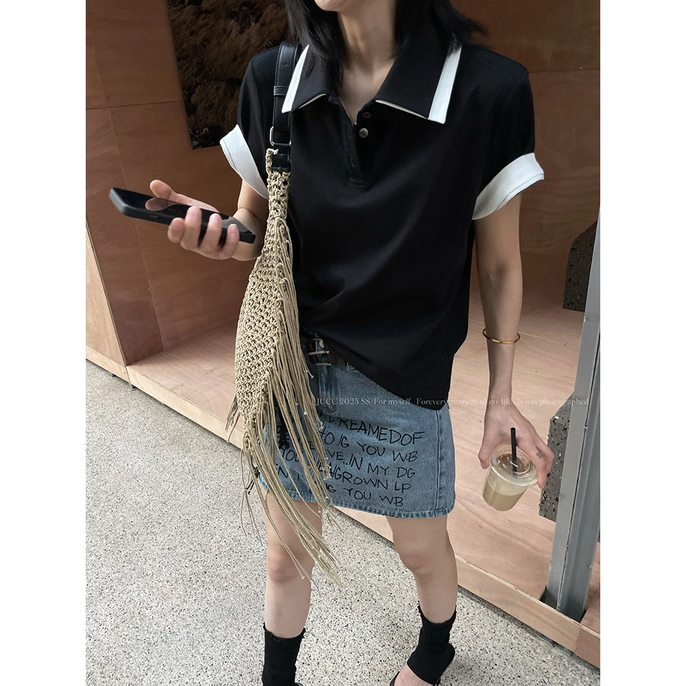 JCCC影子【帆船俱乐部】黑色假两件拼色POLO领短袖T恤JE5CBX11