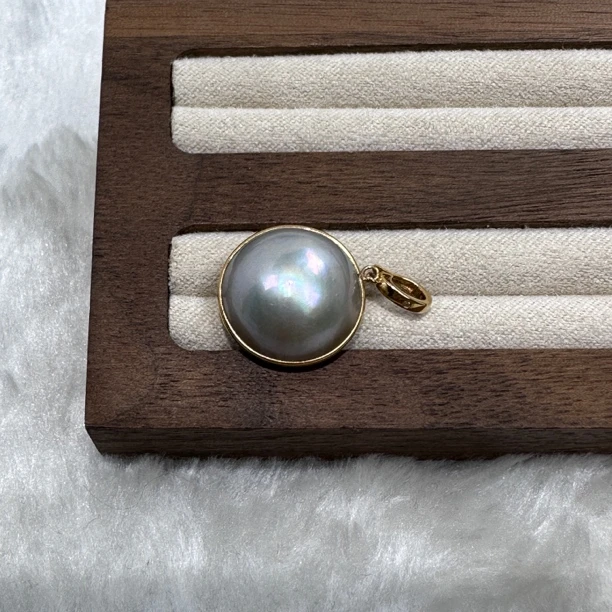 海水马贝珍珠18k圆灰光边万能扣吊坠15-16mm
