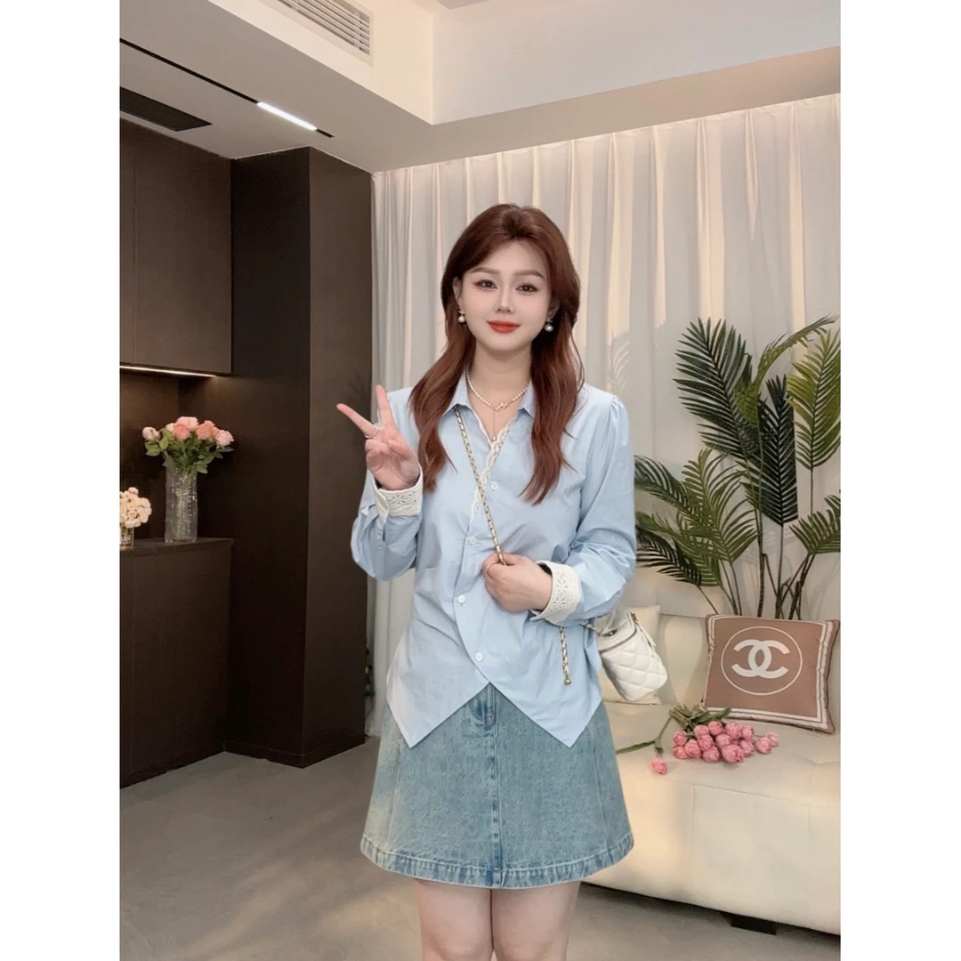 楠序乔乔微胖女装2025秋新款时尚减龄设计感显瘦衬衫上衣DD10159