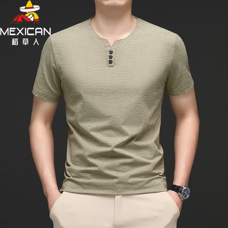 稻草人潮流鸡心领夏装男男士短袖中年V领透气纯色素色T恤宽松夏季