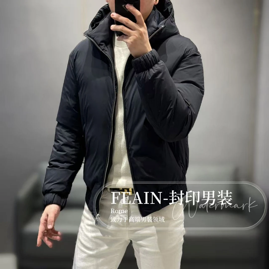 【鹅绒拼真皮】高端男士定制飞天鹅绒拼真皮连帽羽绒服77812