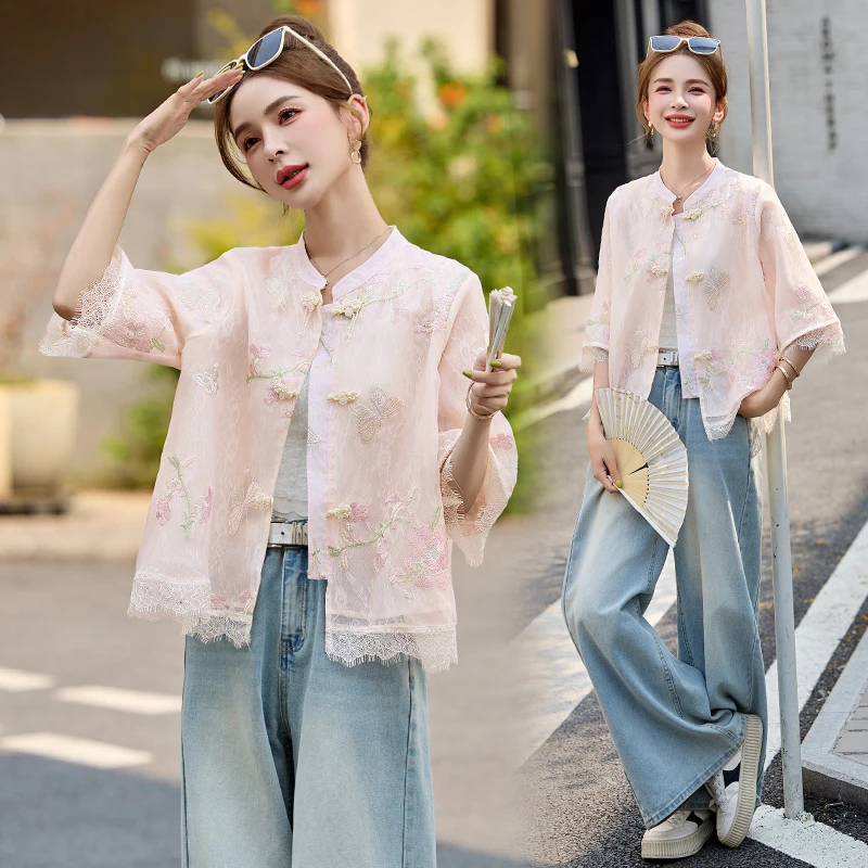 夏季防晒薄款单排扣七分袖短外套复古上衣珠片辣妹风短款百搭春夏