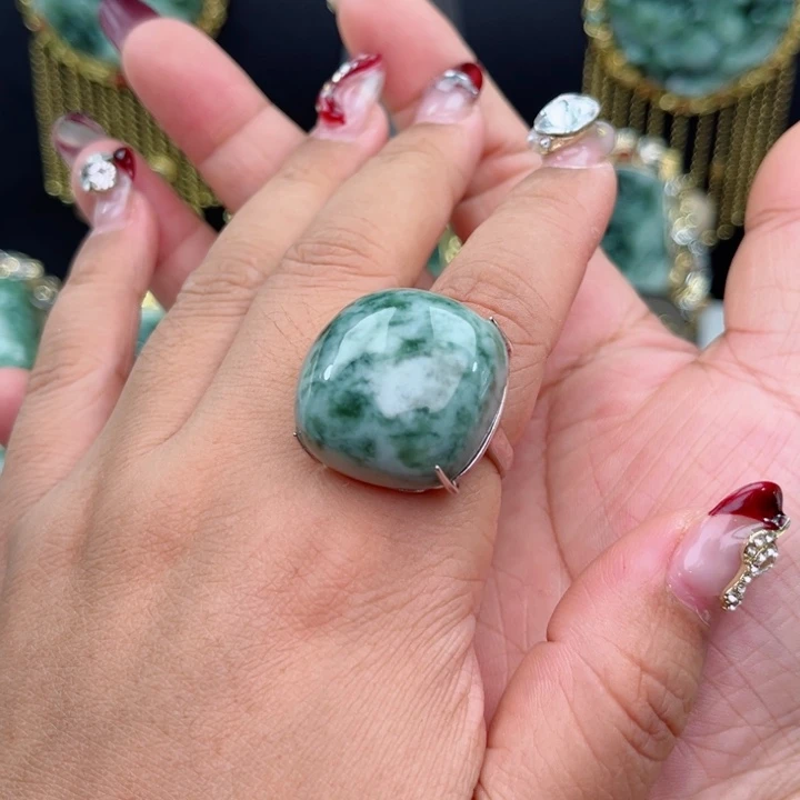 透闪石-蛇纹石玉戒指银S925镶嵌闲***慧