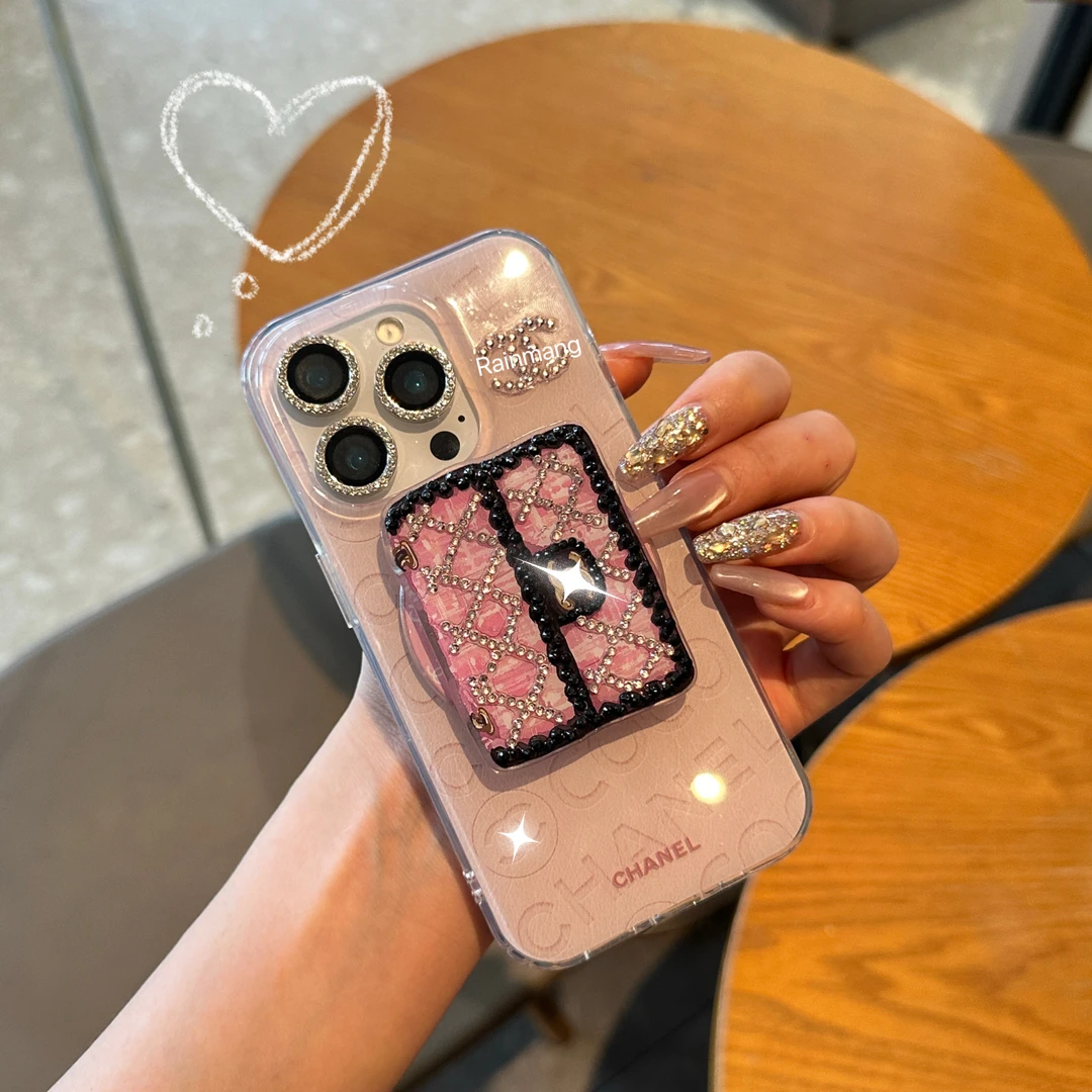 【粉色小香包】菱格时尚满钻适用iPhone17ProMax苹果磁吸支架手机壳