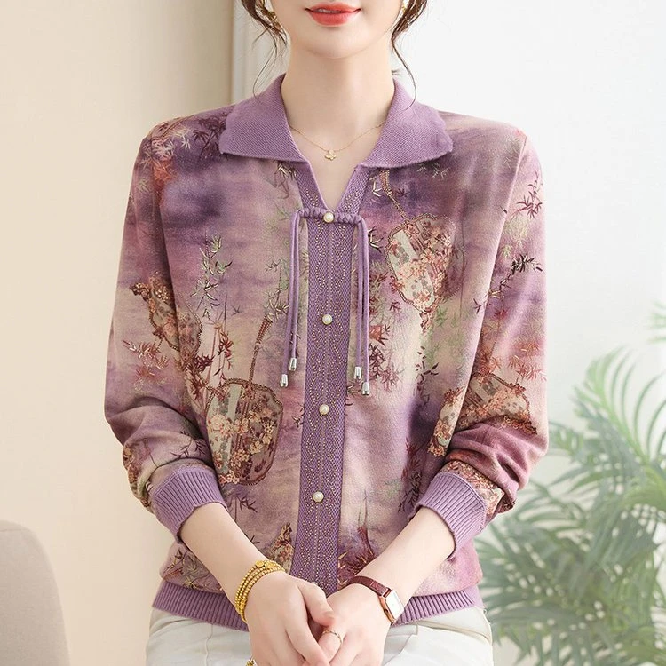 新中式妈妈装2025秋季新款中老年女装气质翻领针织长袖打底衫