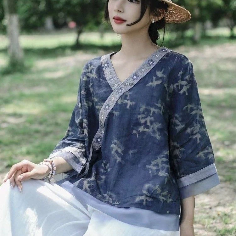 夏季新款妈妈装复古斜襟新中式衬衫女宽松百搭时尚上衣女系带夏装