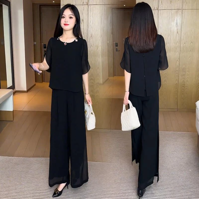 时尚雪纺套装女2025夏季新款时髦洋气遮肚子显瘦上衣阔腿裤两件套