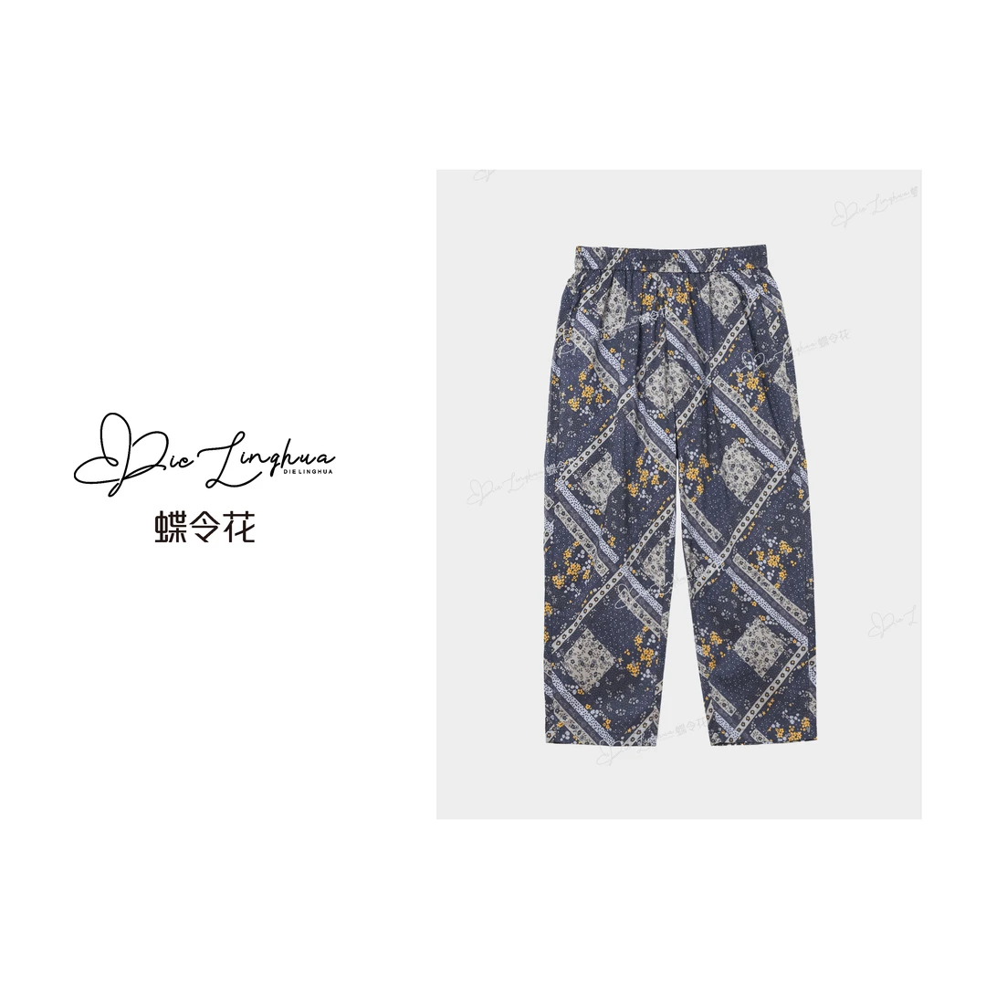 蝶令花夏季薄款碎花休闲宽松独特风格艺术感松紧带八分裤252219