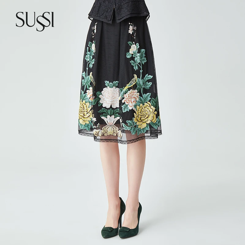 【商场同款】SUSSI/古色春季新品黑色刺绣包容A摆半裙