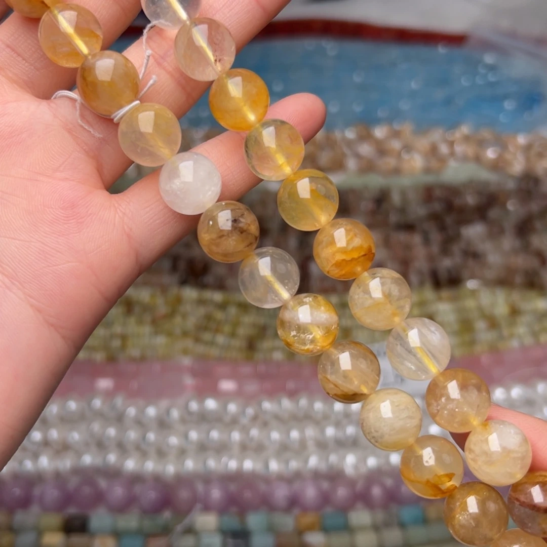 玛瑙/玉髓合金珠宝半成品Y325。12mm天然黄水晶圆珠一条