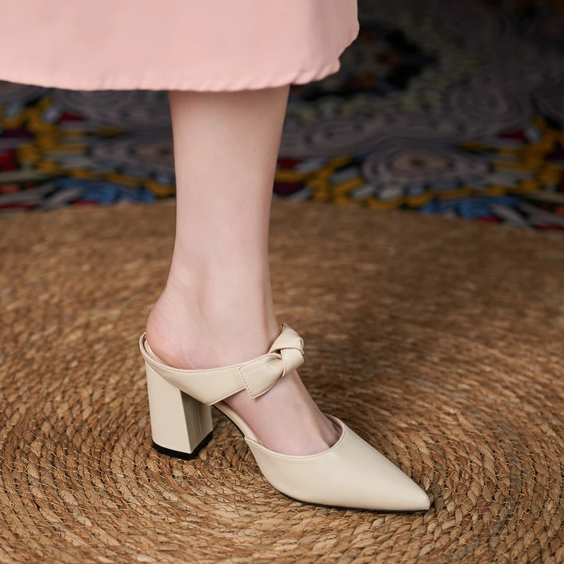 【增高5-7公分】小码小个子粗跟半拖新款尖头高跟鞋女鞋百搭时尚