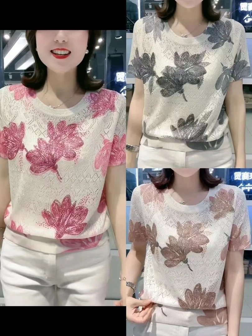 03新款气质宽松显瘦烫钻印花时尚圆领短袖上衣
