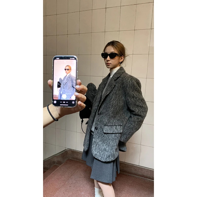 【陨石灰】韩系高级感刷毛宽松休闲百搭毛呢外套224C1546