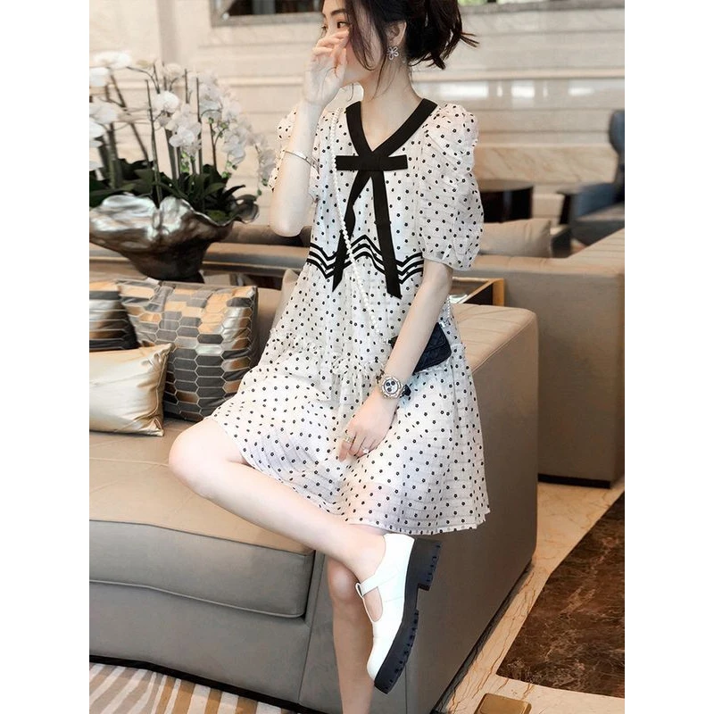 哥弟阿玛施正法式V领白色波点连衣裙洋气减龄小个子雪纺裙子202