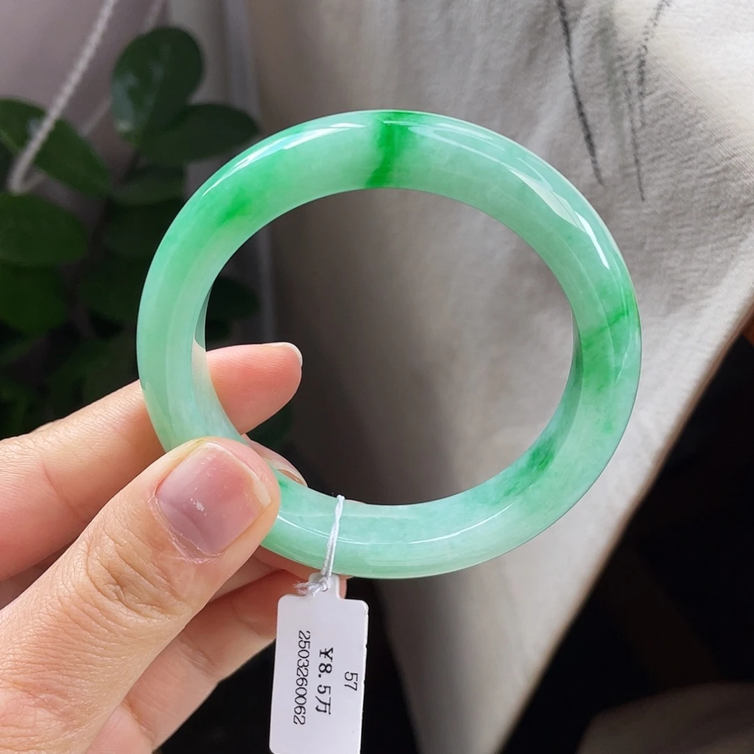 翡翠未镶嵌手镯57细糯白底青