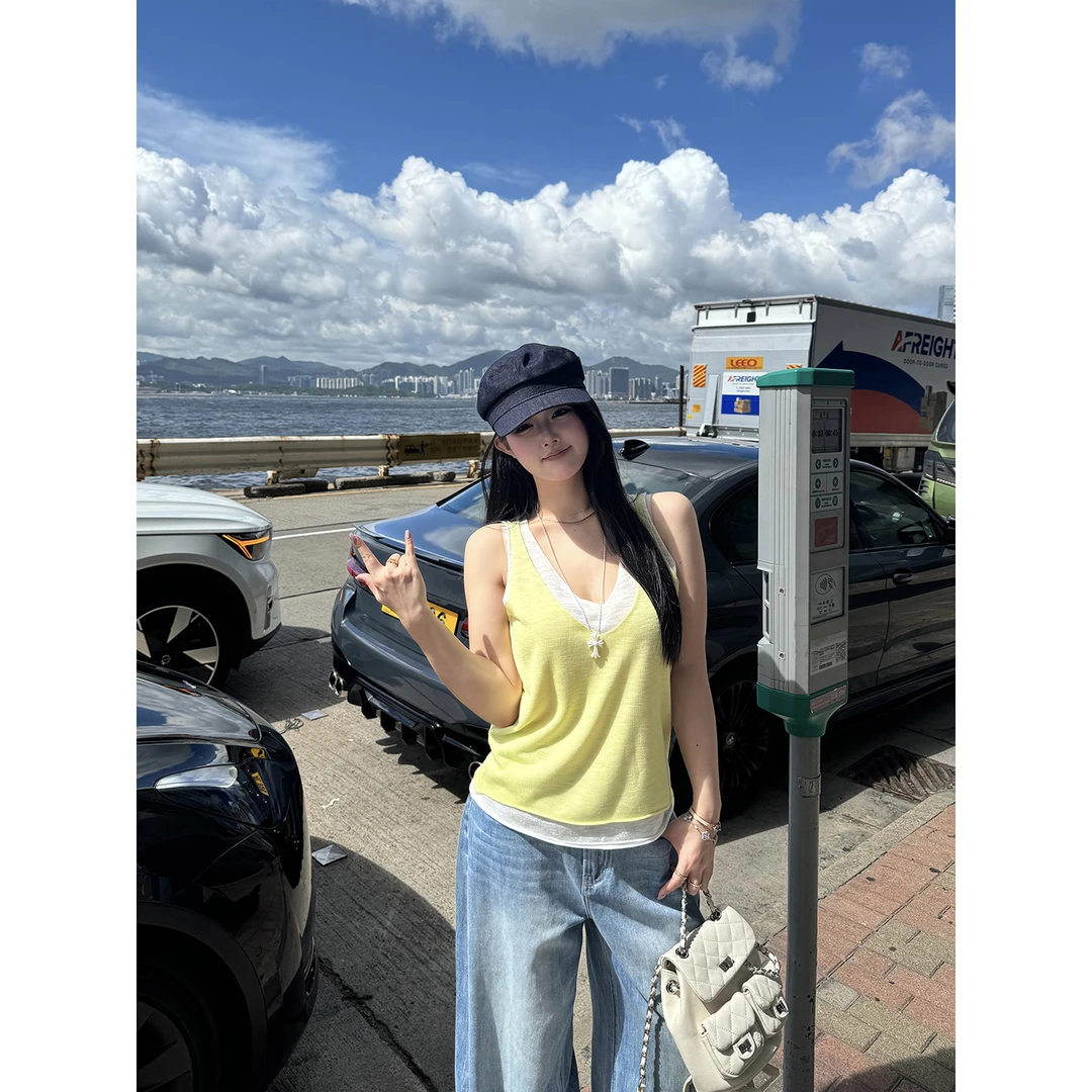 黑泽玄七「天鹅颈VV衫」夏季显瘦通勤撞色小众设计感假两件吊带上衣