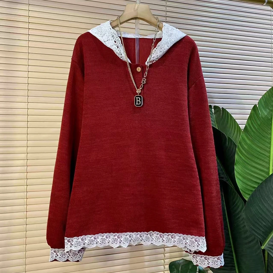 F胖mm欧货时尚新款秋季蕾丝休闲连帽设计款减龄显瘦女人衫