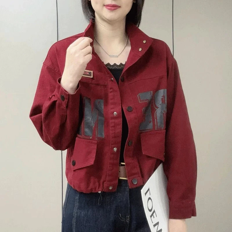 翻领小个子款牛仔外套女2025春季新款洋气印花韩版宽松百搭上衣