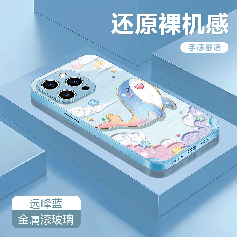 油画鲸鱼适用苹果16/华为P70/vivo/oppo金属漆玻璃防摔手机壳