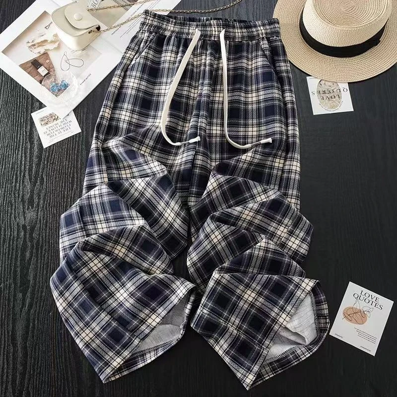 2025时尚女款灰蓝格磨毛子直筒休闲中高腰阔腿裤格子裤抽绳长裤