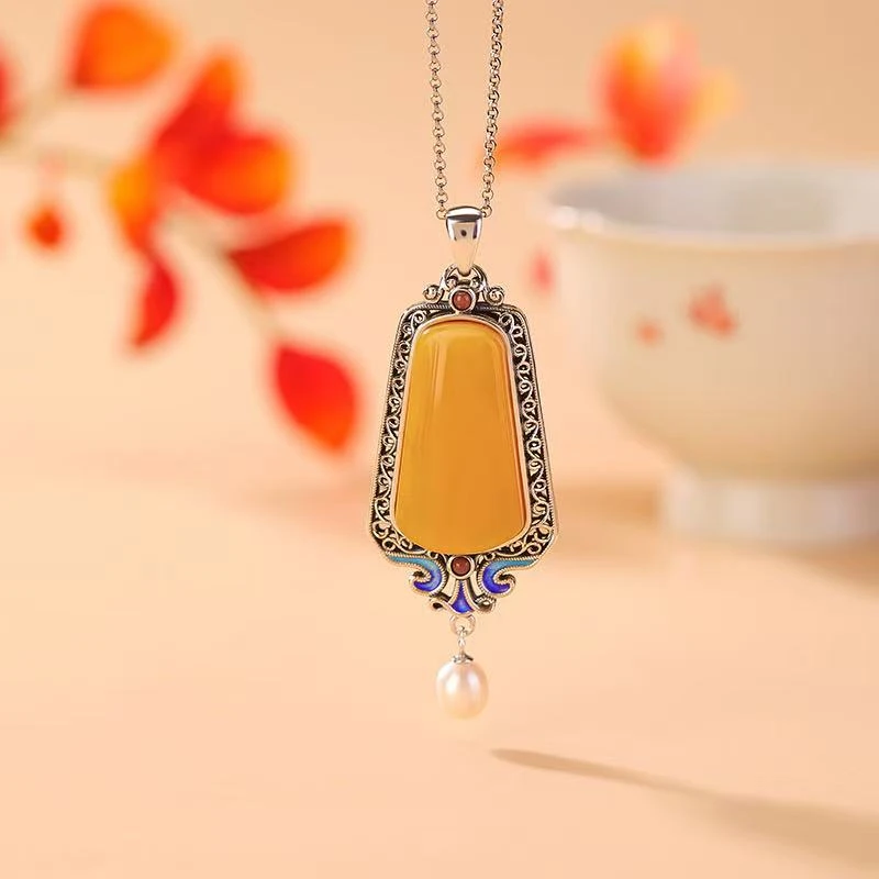 S925银手工银国风民族风珐琅彩蜜蜡吊坠复古做旧古风气质