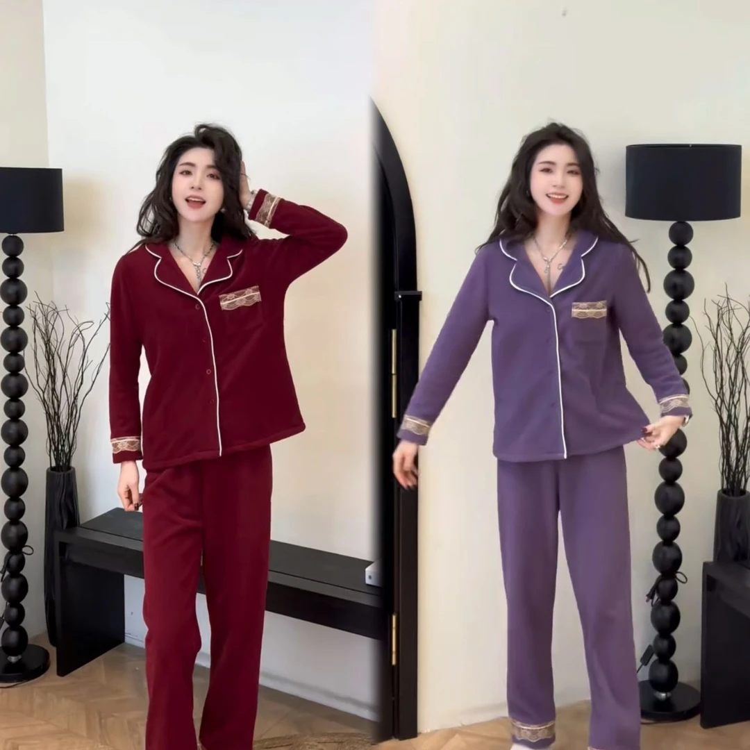 193蕾丝拼接海岛绒睡衣套装冬季新款加绒加厚保暖上衣家居服洋气