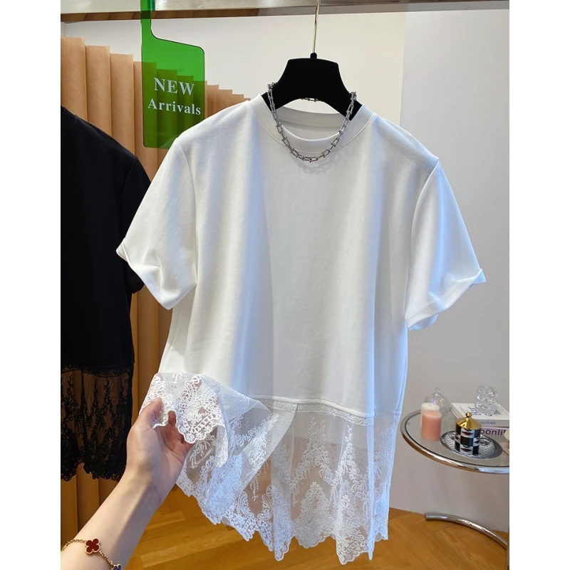 欧洲站下摆蕾丝拼接t恤女短袖2025春夏新款宽松洋气时髦内搭上衣