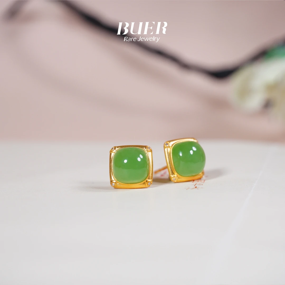 【不二】和田玉18K金DIY苹果绿碧玉耳钉