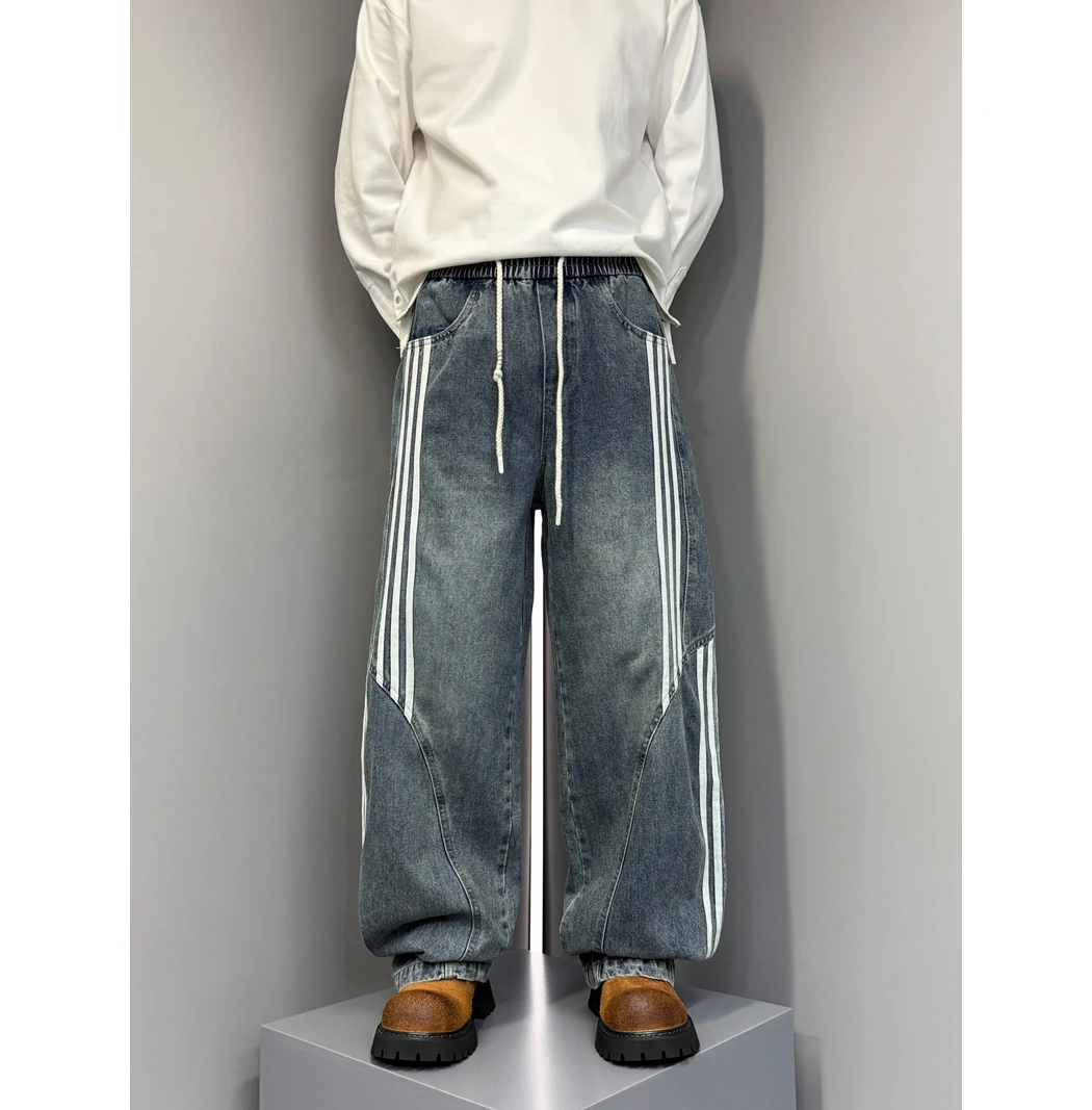 2025早秋新款美式大码弯刀裤复古水洗条纹牛仔裤男宽松直筒阔腿裤
